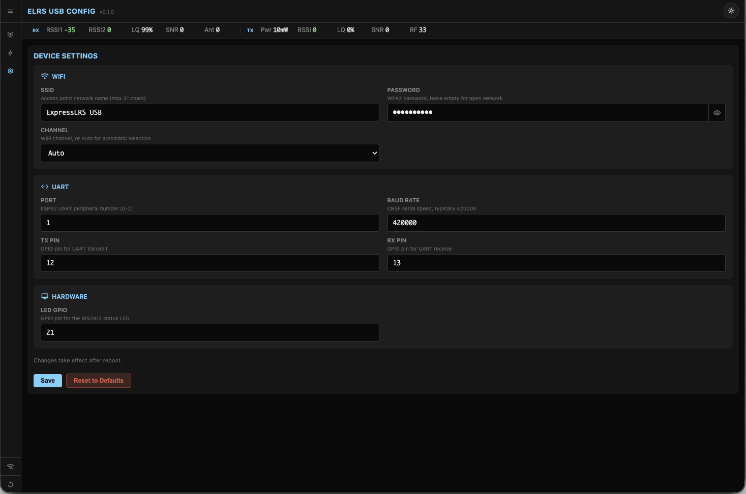 Device settings view with WiFi, UART, and LED configuration fields
