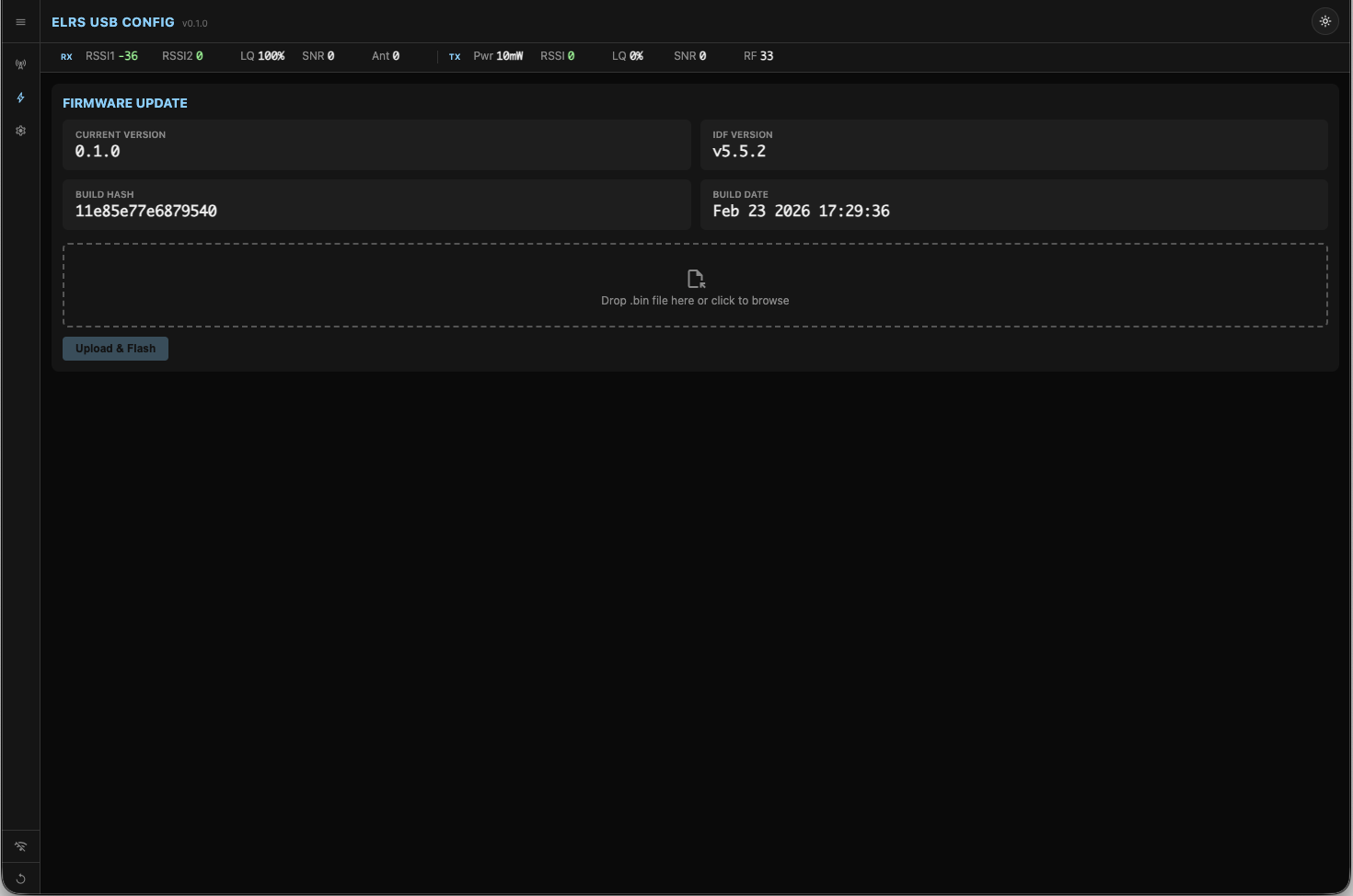 Firmware update view showing version, build hash, and upload button