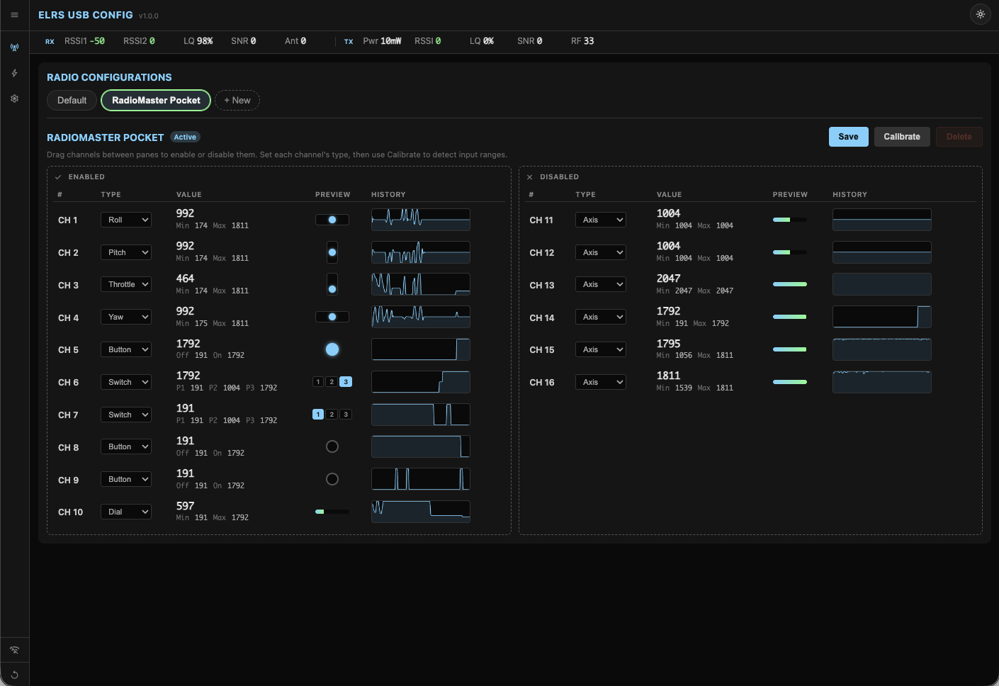 Radio configuration view showing 16 channels with type selection, live values, and enabled/disabled panes