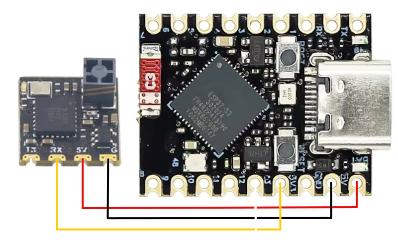 Wiring diagram showing connections between ESP32-S3 and ELRS receiver